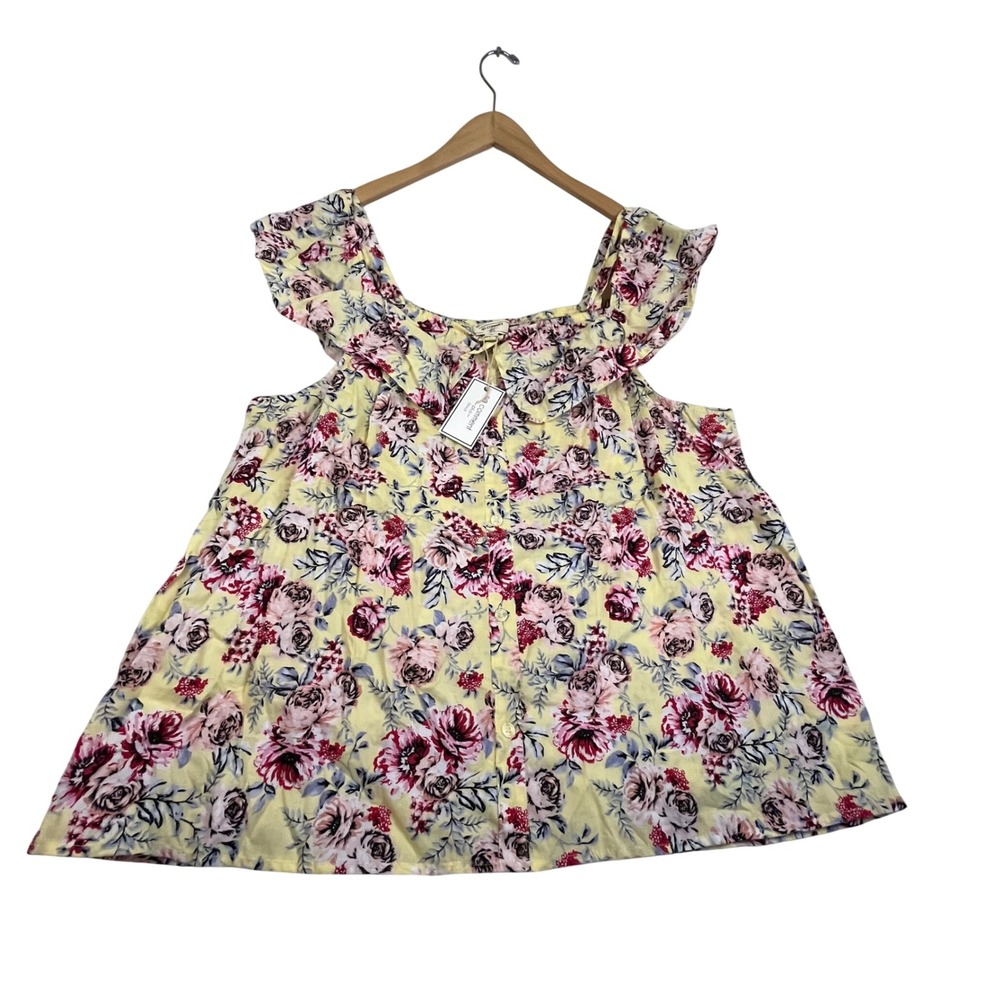 No Comment Plus Yellow Floral Cotton Cold Shoulder Ruffle Top 3X RW32788X NWT